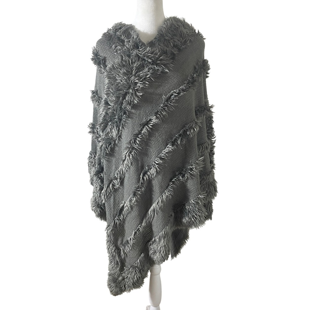 Womens Boho Hippie Faux Fur Trim Knit Poncho OS Gray Shag Burning Man Festival
